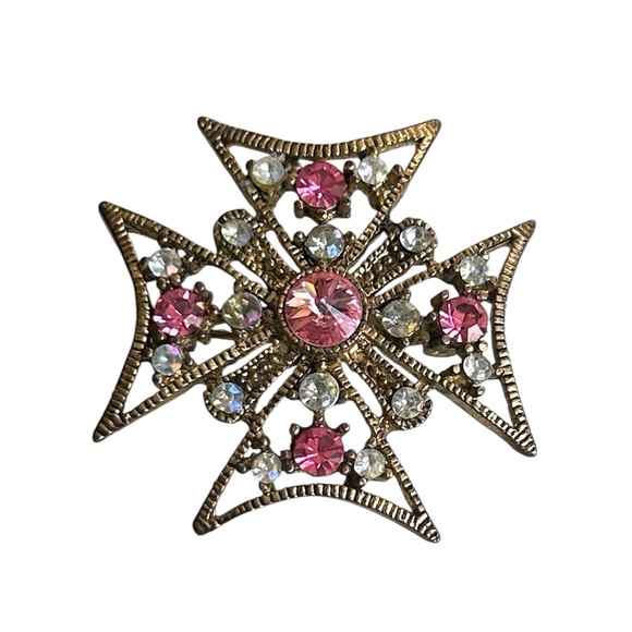 Vintage Pink and White Rhinestone Maltese Cross - Picture 1 of 6